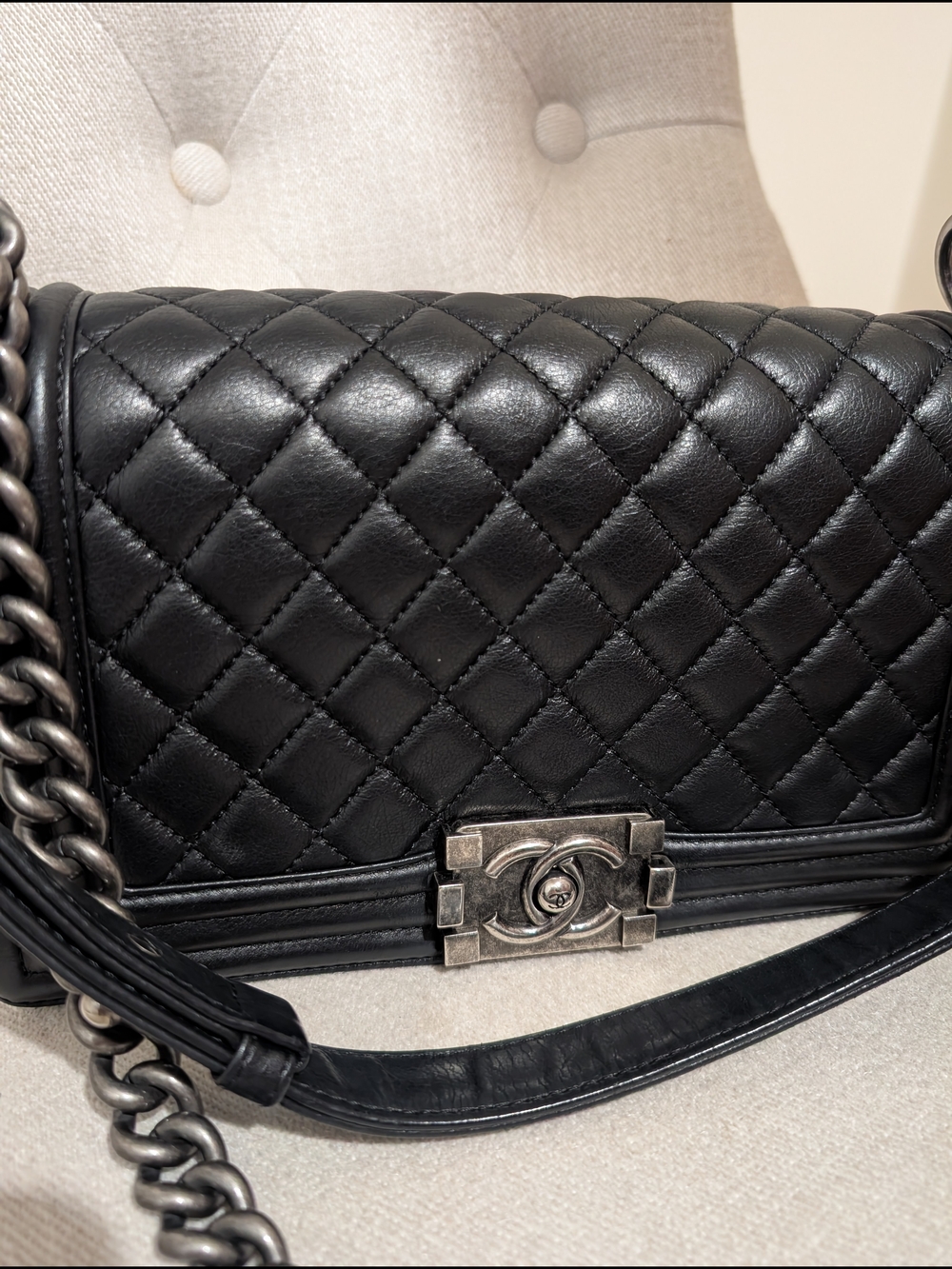 Chanel Black Quilted Leather Boy Bag with Chain Strap - Picture 9 of 17
